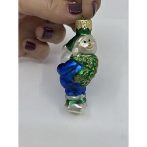 Green Blue Scarf Cute Snowman Glass Christmas Ornament